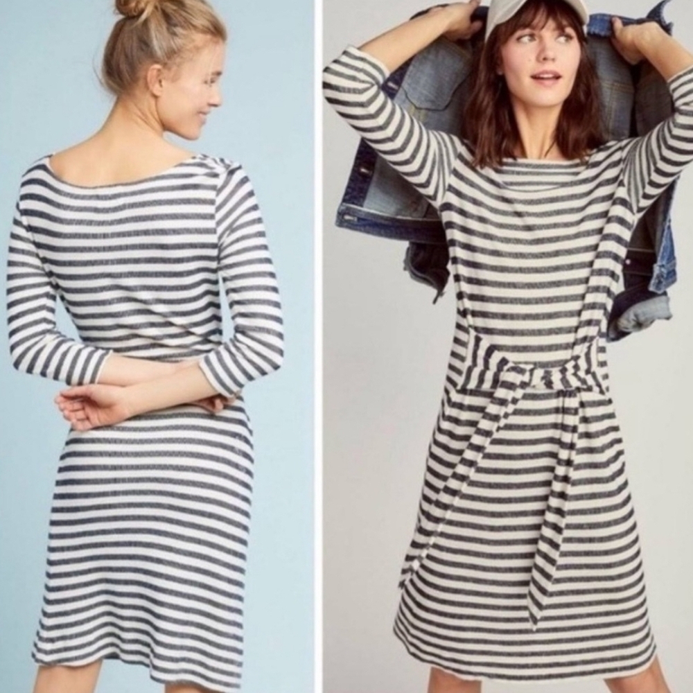 T.La Black and White Striped Long Sleeve Dress with Belted Waist